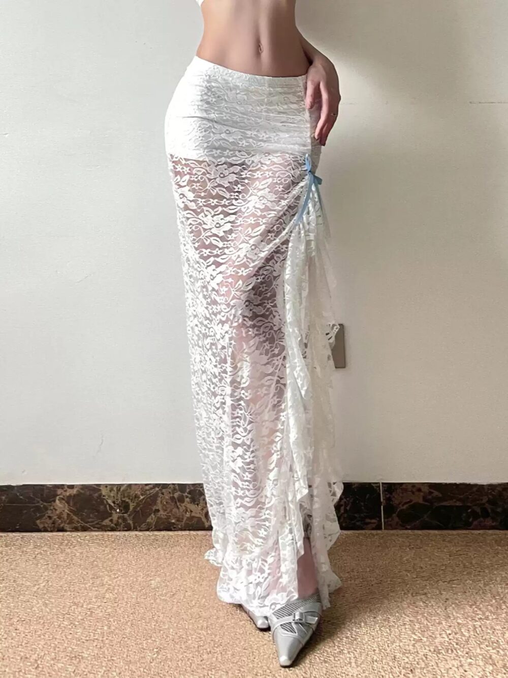 Alluring Sheer Lace Bodycon Maxi Skirt - Image 2