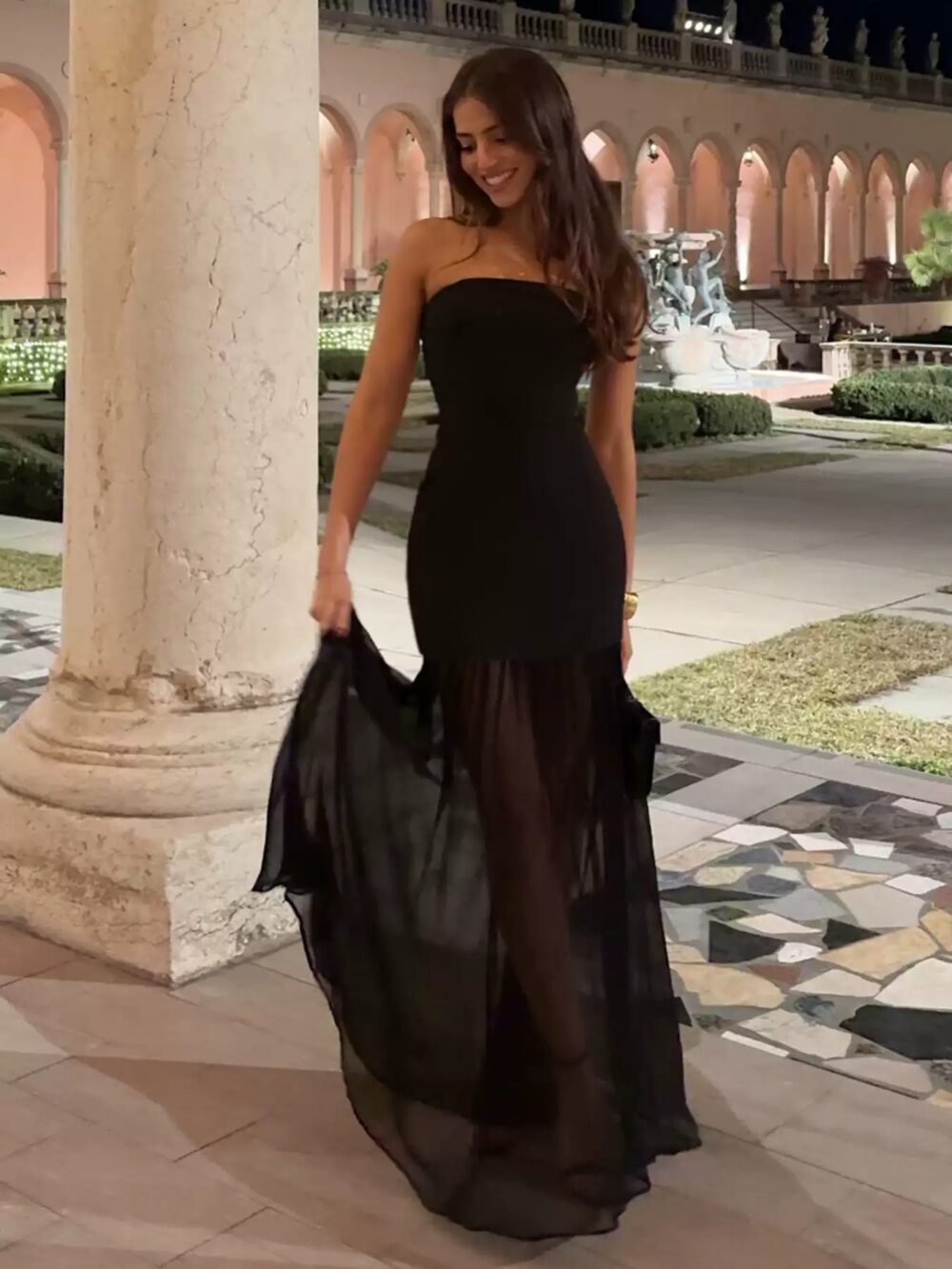 Elegant Black Strapless Mesh Patchwork Slim-Fit Long Dress - Image 4