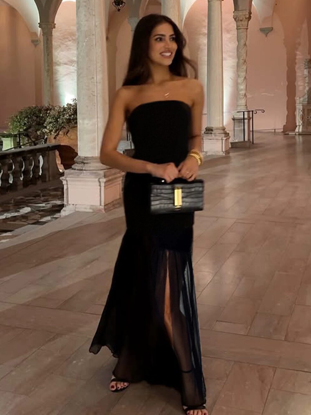 Elegant Black Strapless Mesh Patchwork Slim-Fit Long Dress - Image 3