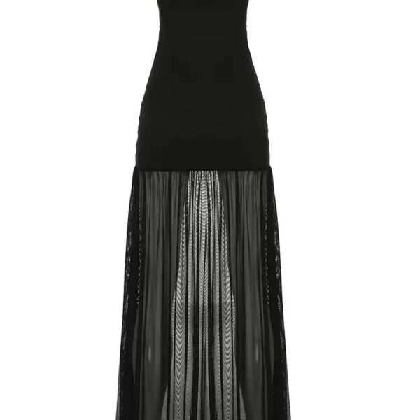 Elegant Black Strapless Mesh Patchwork Slim-Fit Long Dress