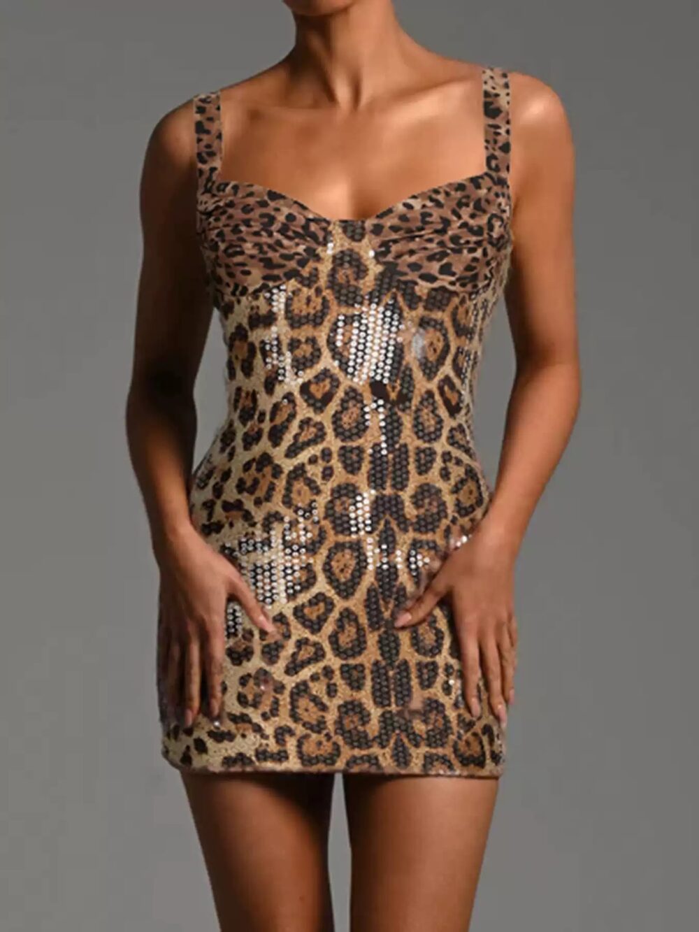 Sequined Leopard Print Party Spaghetti Strap Dress - Image 3