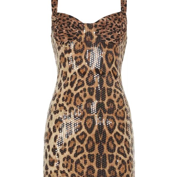 Sequined Leopard Print Party Spaghetti Strap Dress