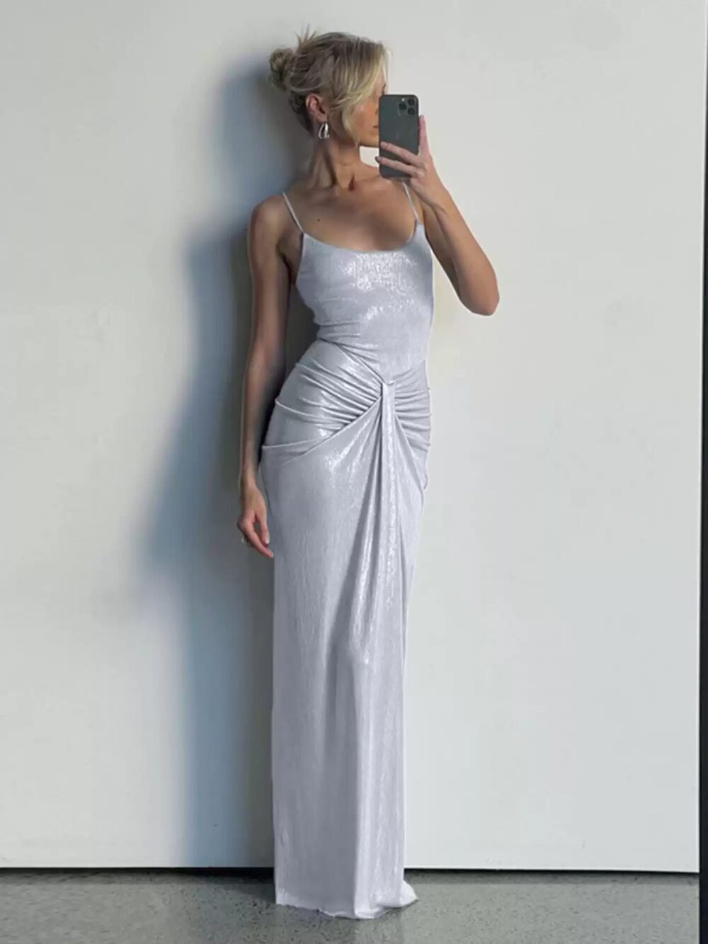 Sexy Shiny Pleated Waist-Training Spaghetti Strap Bodycon Long Dress - Image 4