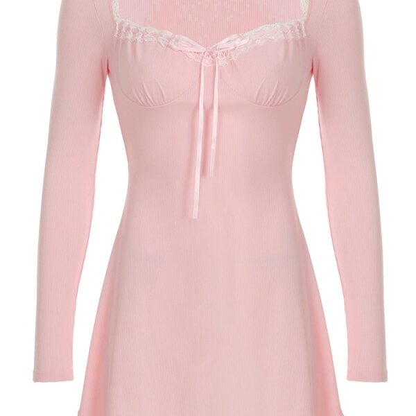 Youthful Lace Patchwork Square Neck Tie-Waist Mini Dress