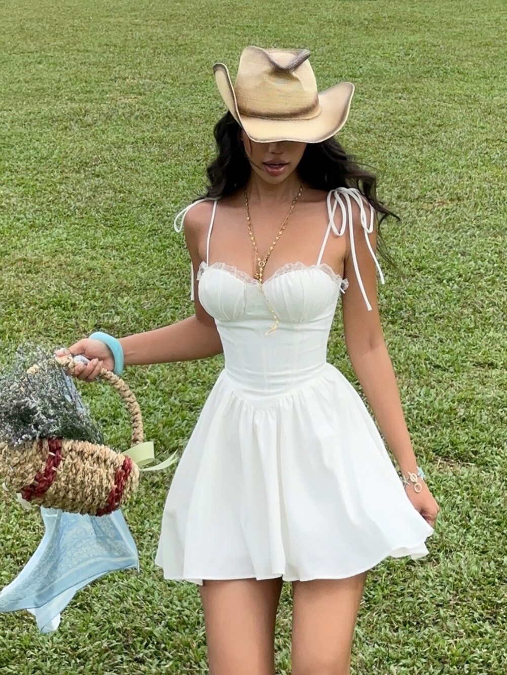 Cottagecore Spaghetti Strap A-Line White Dress - Image 2