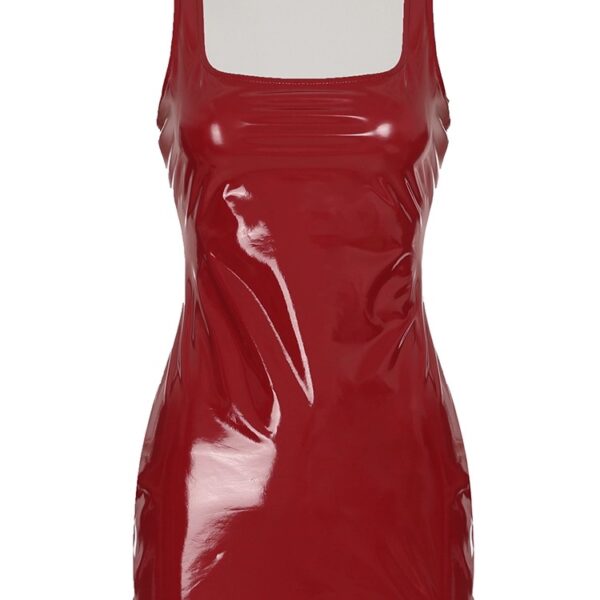 Vintage Red PU Leather Square Neck Sleeveless Dress