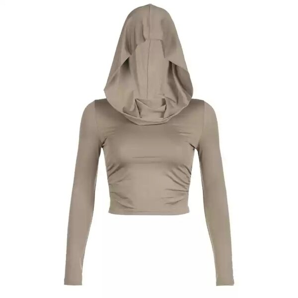 Hooded Ruched Neck Cropped Solid Color Post-Apocalyptic Top