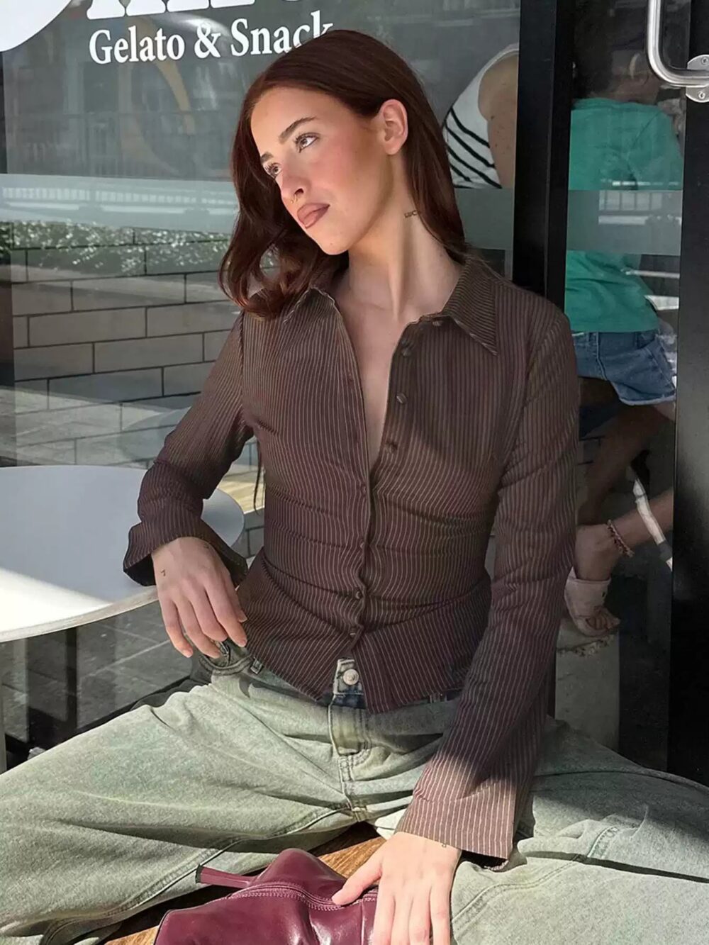 Brown Striped Collared Slim-Fit Waist-Defining Shirt for Women - Image 4