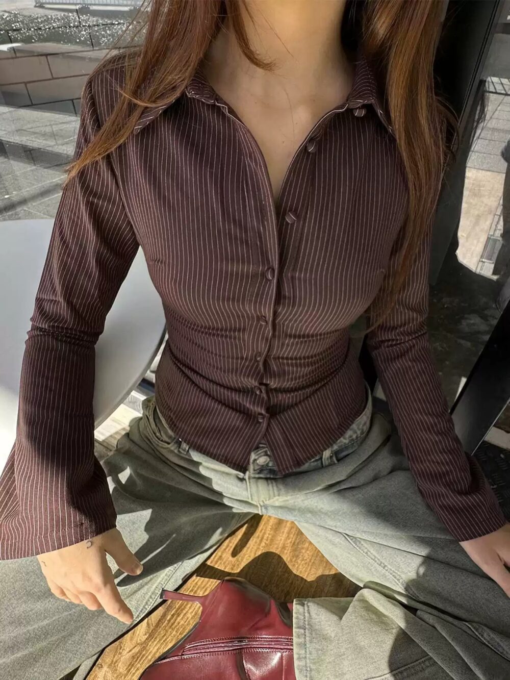 Brown Striped Collared Slim-Fit Waist-Defining Shirt for Women - Image 3