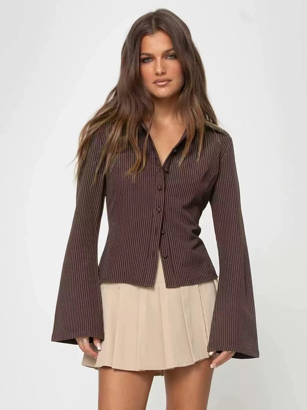 Brown Striped Collared Slim-Fit Waist-Defining Shirt for Women - Image 2