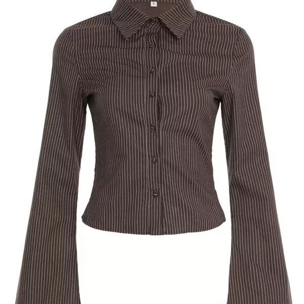 Brown Striped Collared Slim-Fit Waist-Defining Shirt for Women