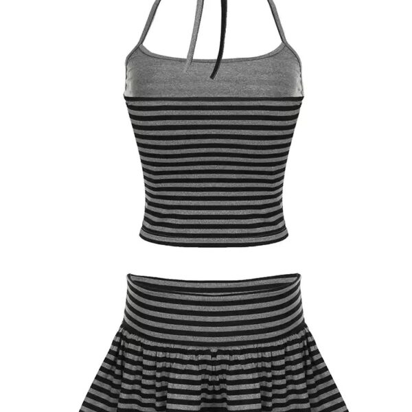 Retro Casual Color Block Striped Skirt Set