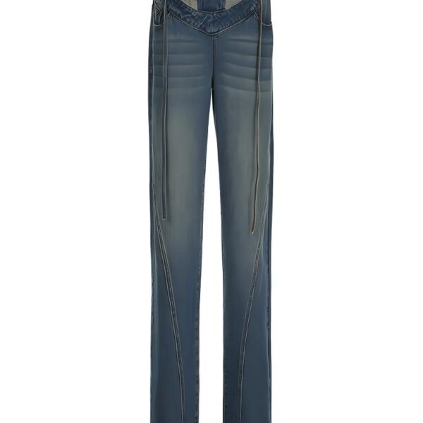 Distressed Whitewash Sexy Hollow Lace-Up Denim Pants