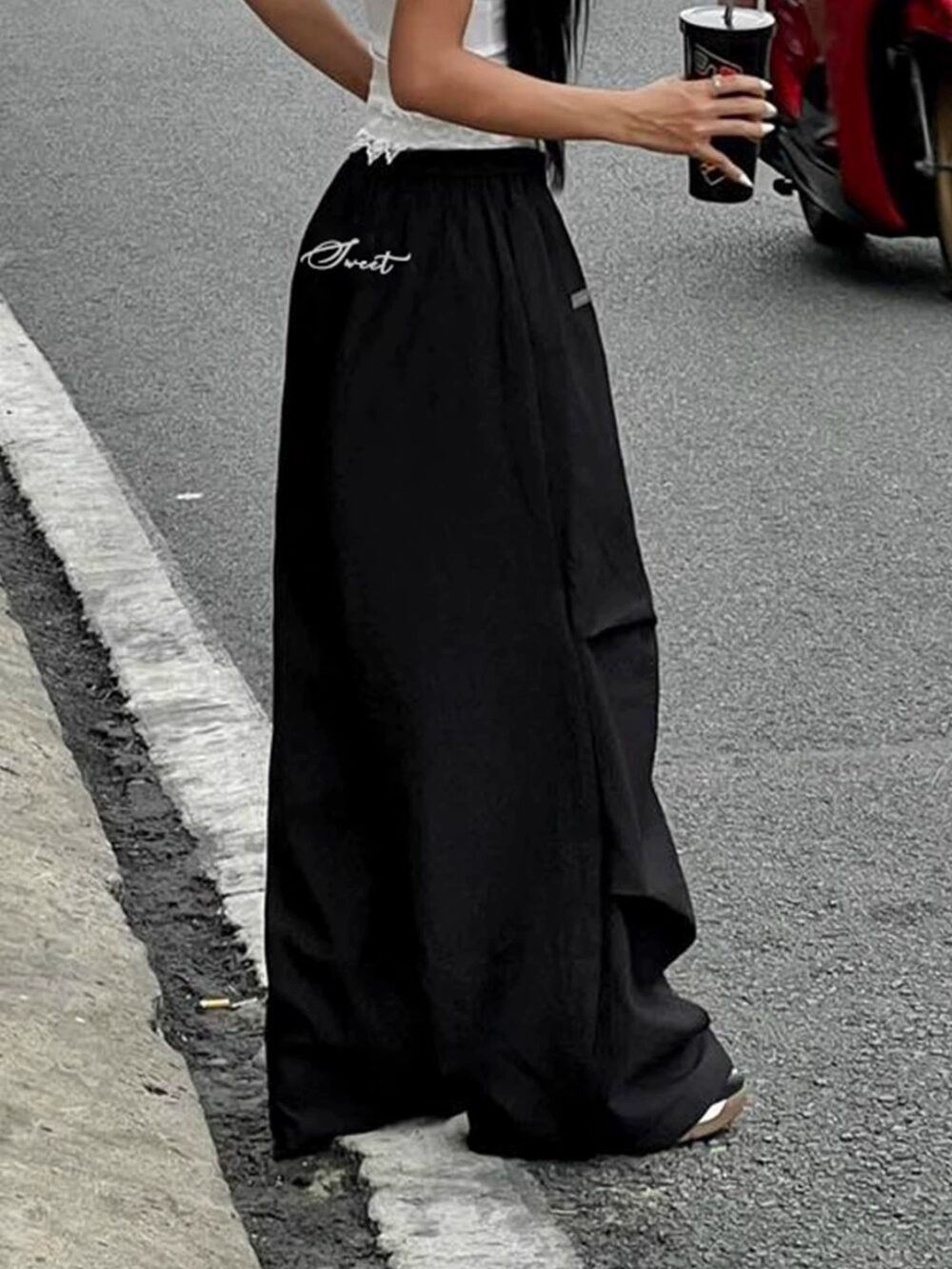 Lace Panel Letter Embroidered Casual Pants - Image 3