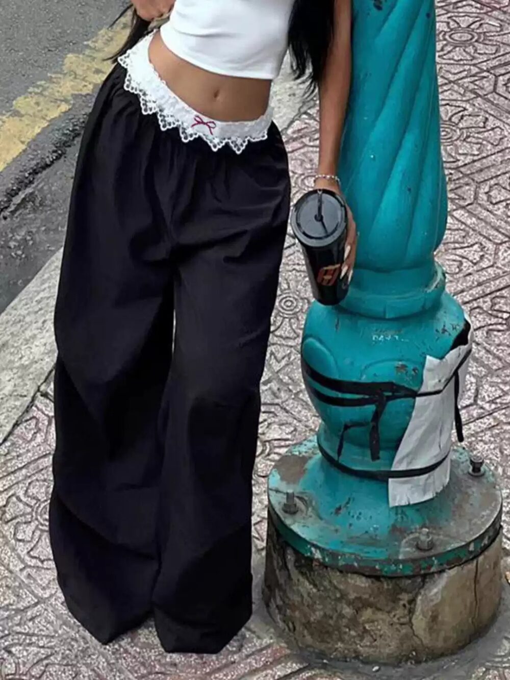 Lace Panel Letter Embroidered Casual Pants - Image 4