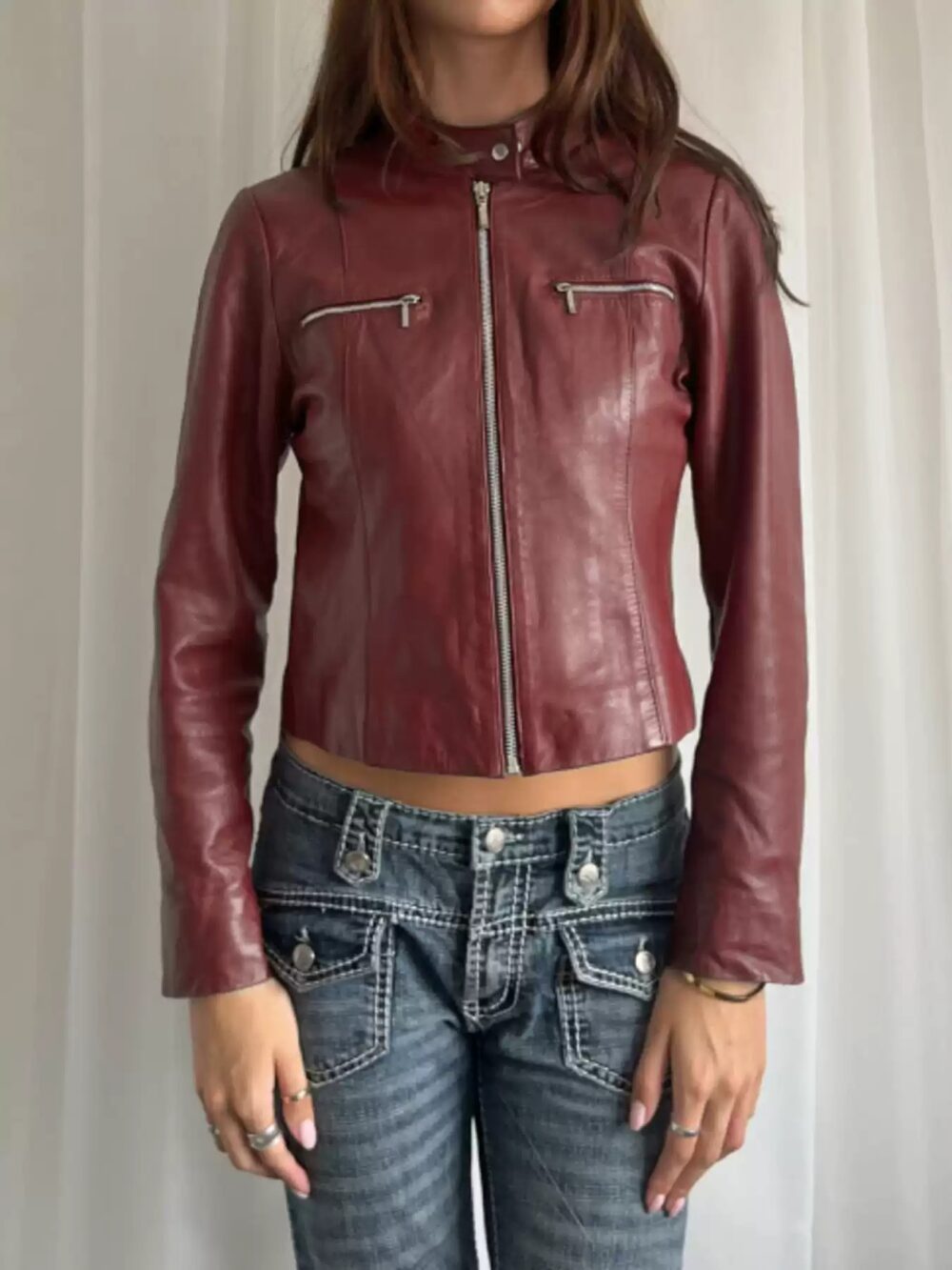 Angora Red Zip-Up Mock Neck Leather Jacket - Image 2