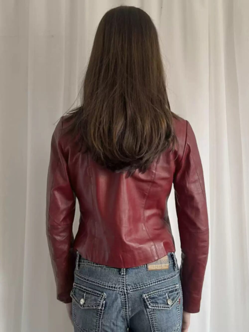 Angora Red Zip-Up Mock Neck Leather Jacket - Image 3