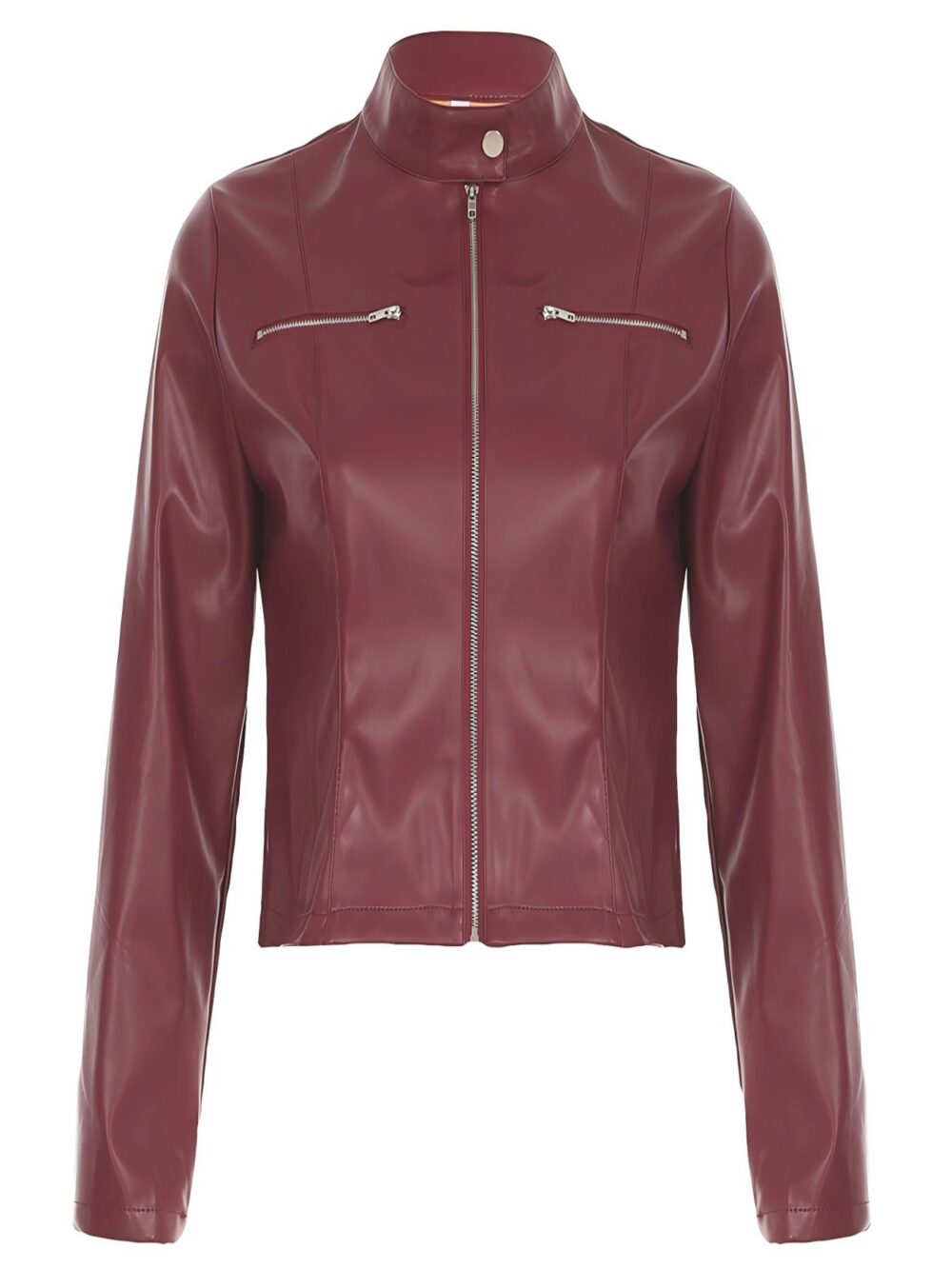Angora Red Zip-Up Mock Neck Leather Jacket