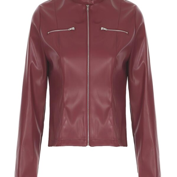 Angora Red Zip-Up Mock Neck Leather Jacket