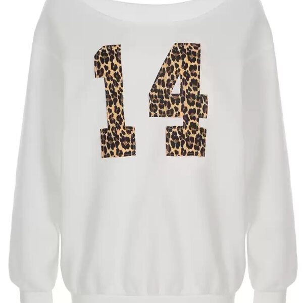 One-Shoulder Loose Leopard Print Number Fleece Sweatshirt