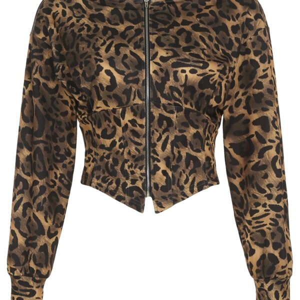 Retro Leopard Print Zip-Up Hooded Crop Jacket