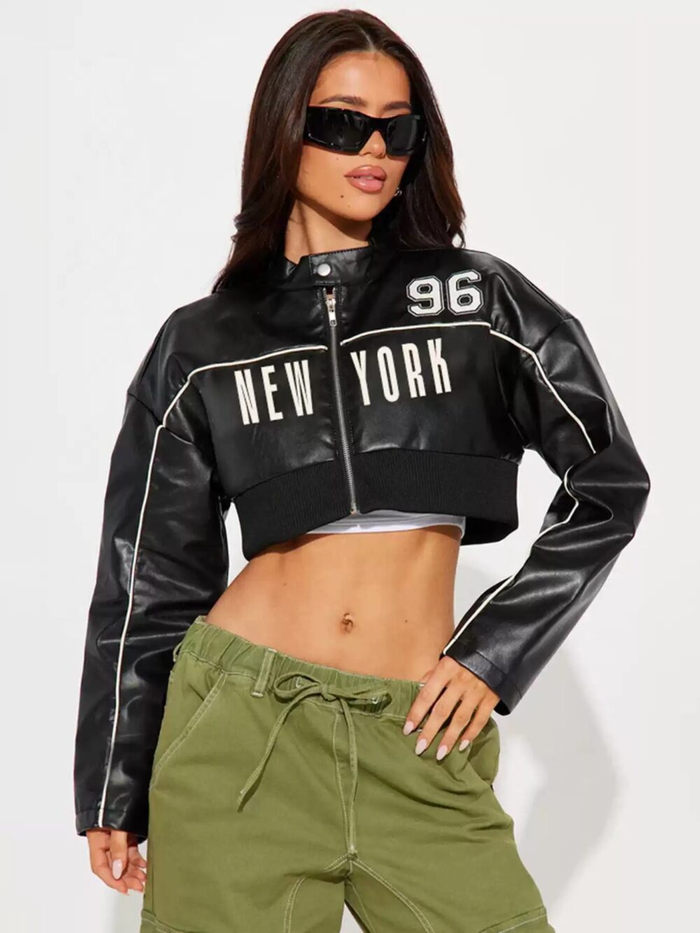 Moto-Style Bold Letter Print Leather Jacket - Image 4