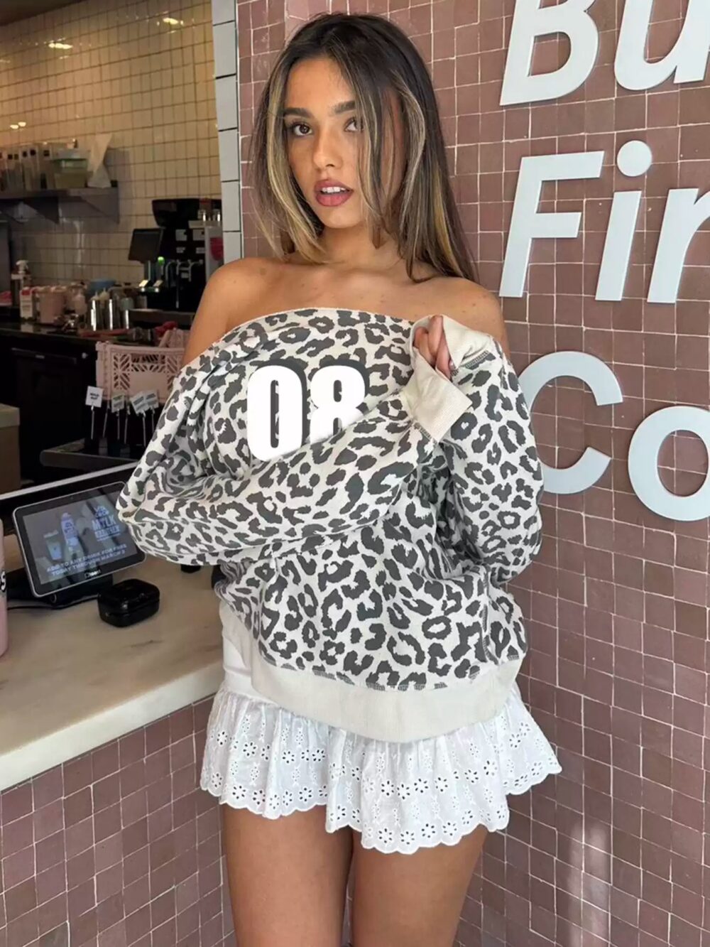 Spicy Number Leopard Print Off-Shoulder Sweatshirt - Image 2